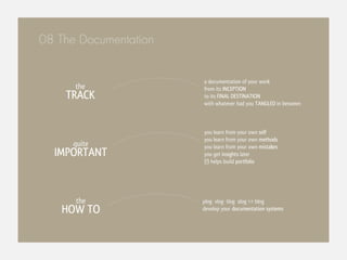 08 The Documentation


                       a documentation of your work
      the              from its INCEPTION
    TRACK              to its FINAL DESTINATION
                       with whatever had you TANGLED in between



                       you learn from your own self
                       you learn from your own methods
     quite             you learn from your own mistakes
  IMPORTANT            you get insights later
                       (!) helps build portfolio




      the              plog vlog tlog alog >> blog
   HOW TO              develop your documentation systems
 