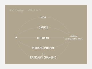 06 Design : What is ?

                    NEW


                   DIVERSE

                                        discipline,
   A              DIFFERENT       as compared to others.



              INTERDISCIPLINARY

                     (!)
             RADICALLY CHANGING
 