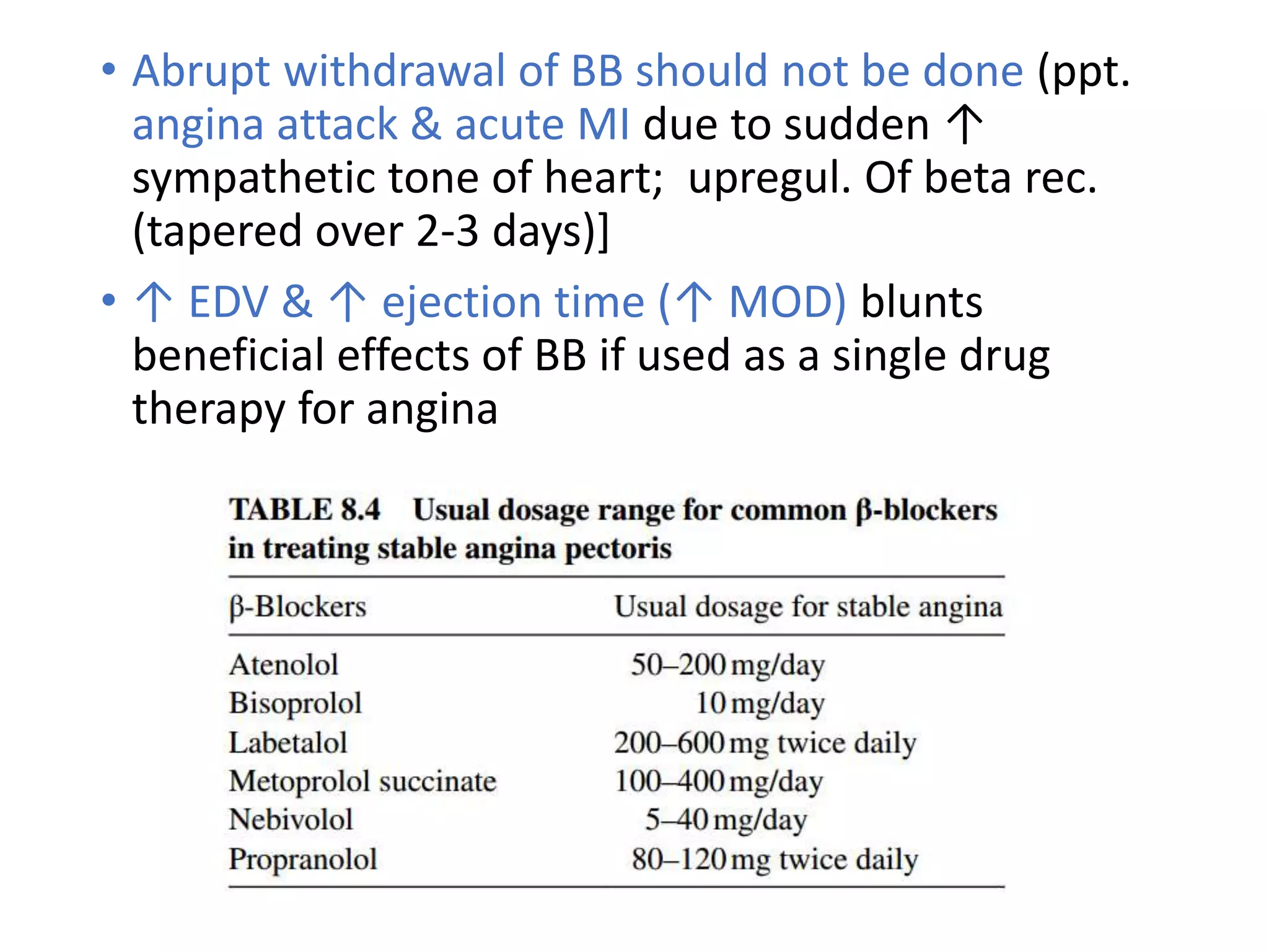 • Abrupt withdrawal of BB should not be done (ppt.
angina attack & acute MI due to sudden ↑
sympathetic tone of heart; upregul. Of beta rec.
(tapered over 2-3 days)]
• ↑ EDV & ↑ ejection time (↑ MOD) blunts
beneficial effects of BB if used as a single drug
therapy for angina
 