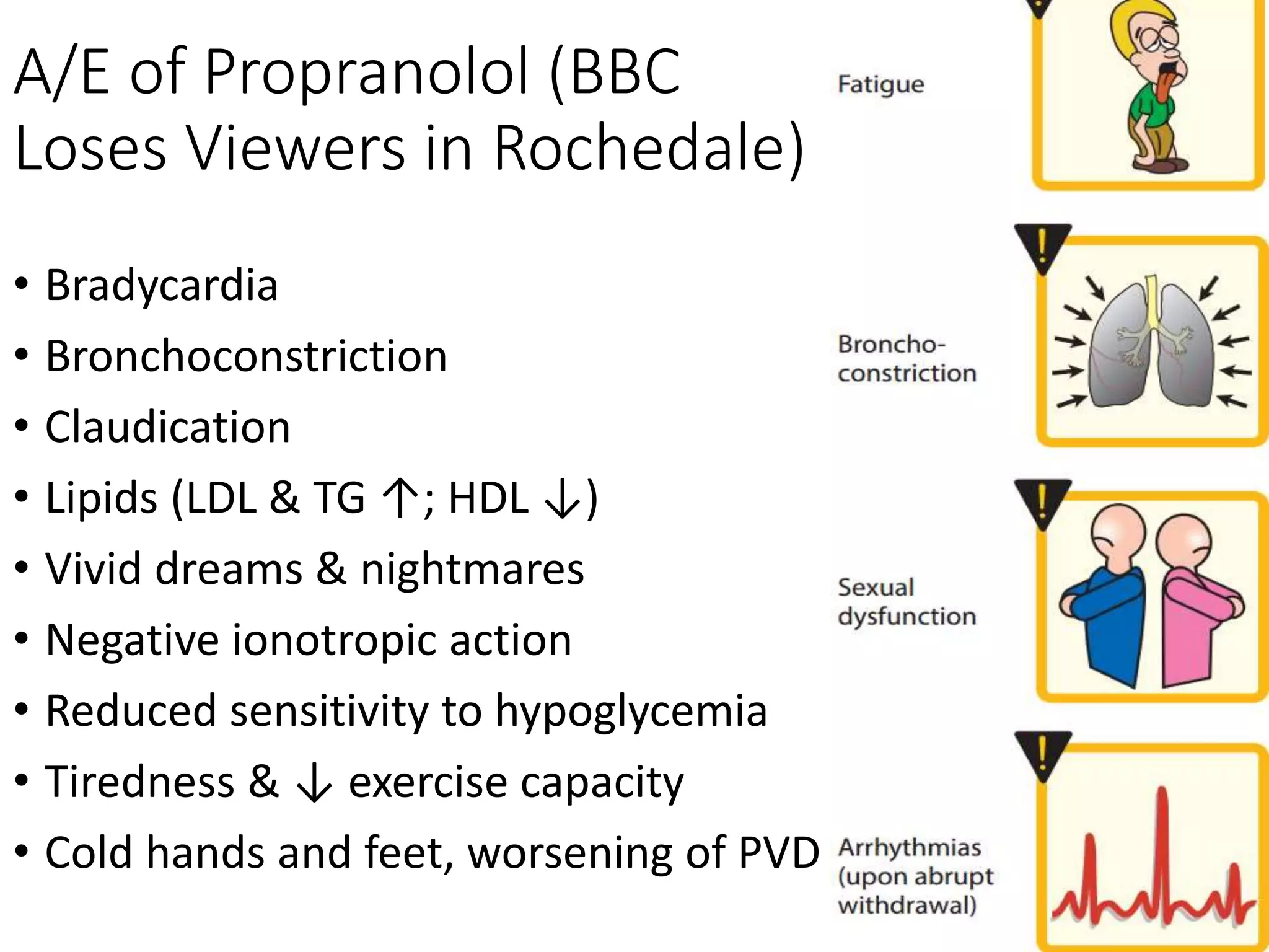 A/E of Propranolol (BBC
Loses Viewers in Rochedale)
• Bradycardia
• Bronchoconstriction
• Claudication
• Lipids (LDL & TG ↑; HDL ↓)
• Vivid dreams & nightmares
• Negative ionotropic action
• Reduced sensitivity to hypoglycemia
• Tiredness & ↓ exercise capacity
• Cold hands and feet, worsening of PVD
 