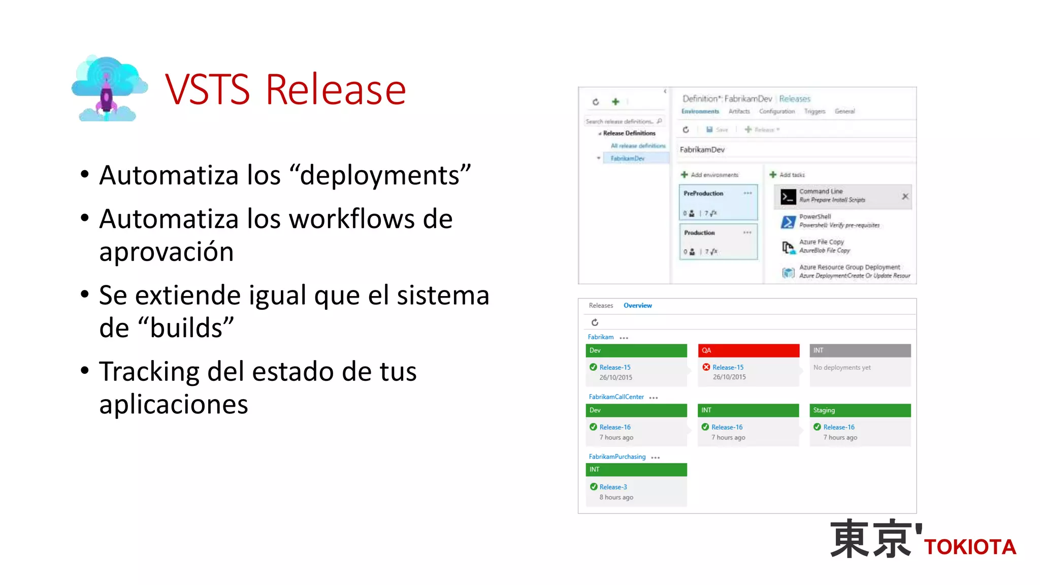 VSTS Release
• Automatiza los “deployments”
• Automatiza los workflows de
aprovación
• Se extiende igual que el sistema
de “builds”
• Tracking del estado de tus
aplicaciones
 