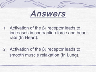 Answers
1. Activation of the β1 receptor leads to
increases in contraction force and heart
rate (In Heart).
2. Activation of the β2 receptor leads to
smooth muscle relaxation (In Lung).
 