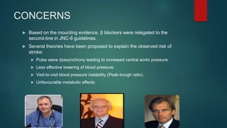 CONCERNS
 Based on the mounting evidence, β blockers were relegated to the
second-line in JNC-8 guidelines.
 Several theories have been proposed to explain the observed risk of
stroke:
 Pulse wave dyssynchrony leading to increased central aortic pressure.
 Less effective lowering of blood pressure.
 Visit-to-visit blood pressure instability (Peak-trough ratio).
 Unfavourable metabolic effects.
 