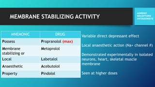 MEMBRANE STABILIZING ACTIVITY
ADRENO
RECEPTORS
ANTAGONISTS
MNEMONIC DRUG
Possess Propranolol (max)
Membrane
stabilizing or
Metoprolol
Local Labetalol
Anaesthetic Acebutolol
Property Pindolol
Variable direct depressant effect
Local anaesthetic action (Na+ channel #)
Demonstrated experimentally in isolated
neurons, heart, skeletal muscle
membrane
Seen at higher doses
 