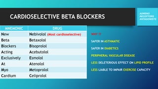 CARDIOSELECTIVE BETA BLOCKERS
ADRENO
RECEPTORS
ANTAGONISTS
MNEMONIC DRUG
New Nebivolol (Most cardioselective)
Beta Betaxolol
Blockers Bisoprolol
Acting Acebutolol
Exclusively Esmolol
At Atenolol
Myo Metoprolol
Cardium Celiprolol
WHY ??
SAFER IN ASTHMATIC
SAFER IN DIABETICS
PERIPHERAL VASCULAR DISEASE
LESS DELETERIOUS EFFECT ON LIPID PROFILE
LESS LIABLE TO IMPAIR EXERCISE CAPACITY
 