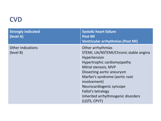 CVD
Strongly indicated
(level A)
Systolic heart failure
Post MI
Ventricular arrhythmias (Post MI)
Other indications
(level B)
Other arrhythmias
STEMI, UA/NSTEMI/Chronic stable angina
Hypertension
Hypertrophic cardiomyopathy
Mitral stenosis, MVP
Dissecting aortic aneurysm
Marfan’s syndrome (aortic root
involvement)
Neurocardiogenic syncope
Fallot’s tetralogy
Inherited arrhythmogenic disorders
(LQTS, CPVT)
 