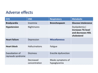 Adverse effects
CVS CNS Respiratory Metabolic
Bradycardia Insomnia Bronchospasm Glucose intolerance
Hypotension Nightmares Dyslipidemia (
increases TG level
and decreases HDL
cholesterol
Heart failure Depression Miscellaneous
Heart block Hallucinations Fatigue
Exacebation of
raynauds syndrome
Dizziness Erectile dysfunction
Decreased
concentration
Masks symptoms of
hypoglycemia
 