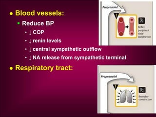  Blood vessels:
 Reduce BP
• ↓ COP
• ↓ renin levels
• ↓ central sympathetic outflow
• ↓ NA release from sympathetic terminal
 Respiratory tract:
 