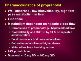 Pharmacokinetics of propranolol
 Well absorbed , low bioavailability, high first
pass metabolism in liver
 Lipophilic
 Metabolism dependent on hepatic blood flow
 Chronic use of propranolol ↓es hepatic blood flow
 Bioavailability and t1/2 ↑ed by 30 % on repeated
administration
 Food decreases first pass metabolism
 Saturable metabolism at higher doses
 Metabolites have blocking action
 90% protein bound
 Dose oral = 10 mg BD to 160 mg QID
 