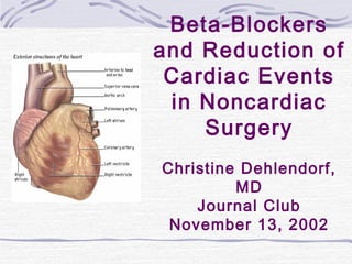 Beta-Blockers
and Reduction of
 Cardiac Events
 in Noncardiac
    Surgery
Christine Dehlendorf,
         MD
    Journal Club
 November 13, 2002
 