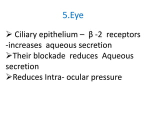 5.Eye
 Ciliary epithelium – β -2 receptors
-increases aqueous secretion
Their blockade reduces Aqueous
secretion
Reduces Intra- ocular pressure
 