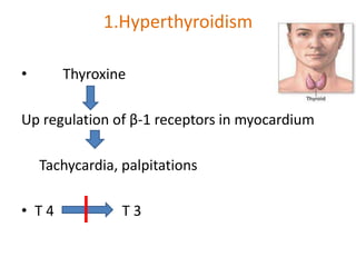 1.Hyperthyroidism
• Thyroxine
Up regulation of β-1 receptors in myocardium
Tachycardia, palpitations
• T 4 T 3
 