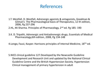 References
1.T. Westfall, D. Westfall, Adrenergic agonists & antagonists, Goodman &
Gilman’s The Pharmacological basis of Therapeutics, 12 th edition,
2006, Pg 237-296
2.HL, KK Sharma. Principles of Pharmacology. 2nd ed. Pg 185- 190
3.K. D. Tripathi, Adrenergic and Antiadrenergic drugs, Essentials of Medical
Pharmacology,6th edition, 2008, Pg 134-148
4.Longo, Fausi, Kasper. Harrisons principles of Internal Medicine, 18TH ed.
5.NICE clinical guideline 127.Developed by the Newcastle Guideline
Development and Research Unit and updated by the National Clinical
Guideline Centre and the British Hypertension Society. Hypertension
Clinical management of primary hypertension in adult
 