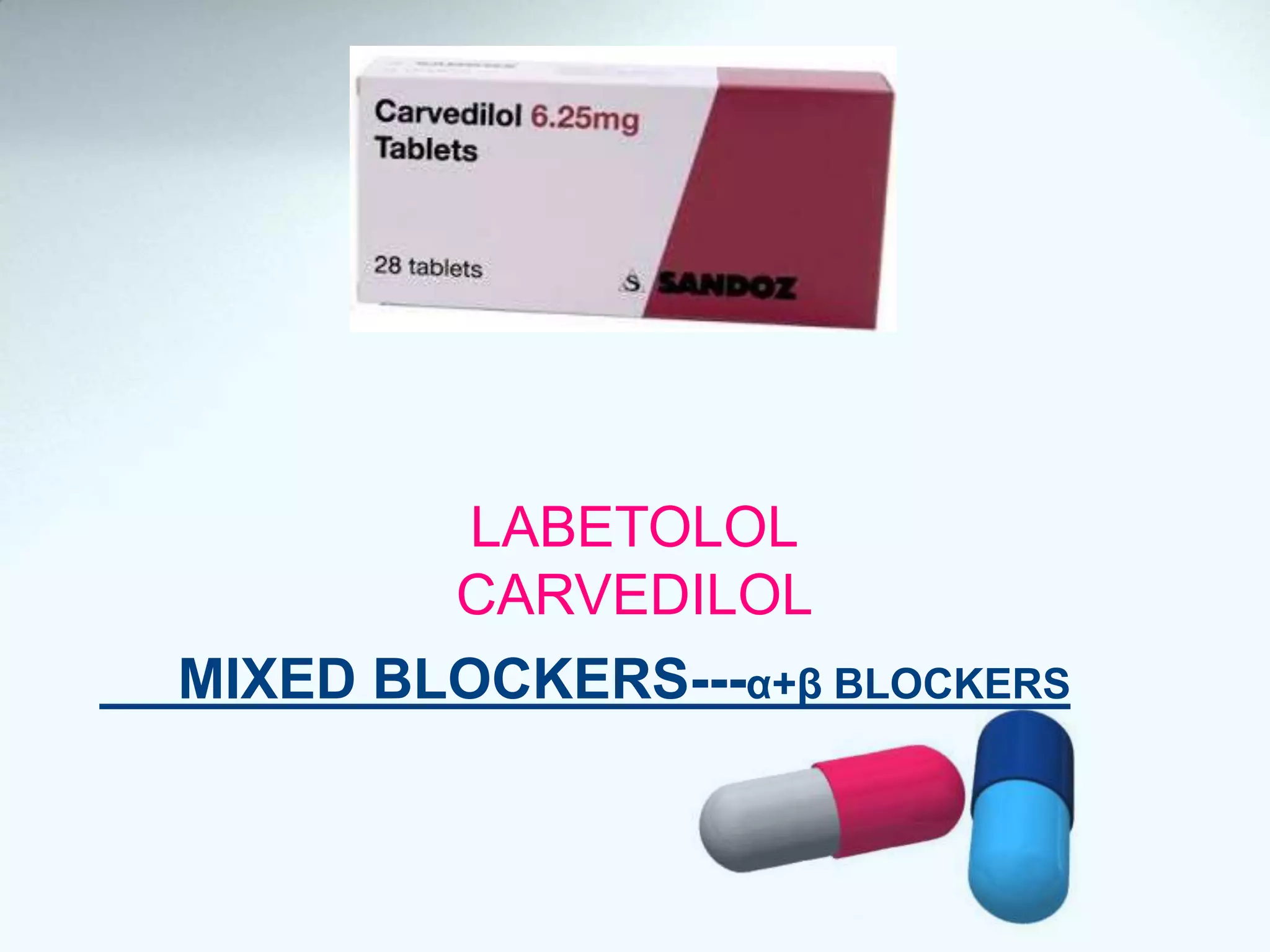 LABETOLOL
CARVEDILOL
MIXED BLOCKERS---α+β BLOCKERS
 