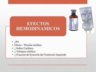• ↓PA
• Efecto > Presión sistólica
• ↓ Indice Cardiaco
• ↓ Volumen sistólico
• ↓ Fracción de Eyección del Ventrículo Izquierdo
EFECTOS
HEMODINAMICOS
 