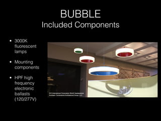 BUBBLE
                Included Components
• 3000K
  ﬂuorescent
  lamps

• Mounting
  components

• HPF high
  frequency
  electronic
  ballasts
  (120/277V)
 