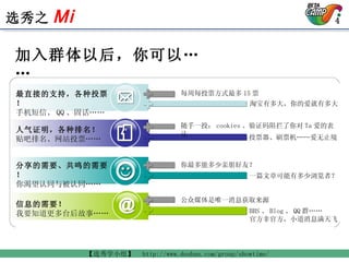 加入群体以后，你可以…… 最直接的支持，各种投票！ 手机短信、 QQ 、固话…… 人气证明，各种排名！ 贴吧排名、网站投票…… 分享的需要、共鸣的需要！ 你渴望认同与被认同…… 信息的需要！ 我要知道更多台后故事…… 每周每投票方式最多 15 票 淘宝有多大，你的爱就有多大 随手一投； cookies 、验证码阻拦了你对 Ta 爱的表达 投票器、刷票机……爱无止境 你最多能多少亲朋好友？ 一篇文章可能有多少浏览者？ 公众媒体是唯一消息获取来源 BBS 、 Blog 、 QQ 群…… 官方非官方，小道消息满天飞 