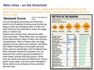 Beta cities - on the threshold
India’s tier II cities have benefited to a large extent from the boom of the past few
years but need to get their act together to draw investment and attention away from
the tier I cities.
                                Source: City Skyline of
Demand Curve                    India
Just as emerging economies are those that
stand on the threshold of advancing into the big
league, there are emerging cities in India: the
cities that have the potential to match the larger
cities in market size.
Indeed some among them will become elite
cities eventually. These Beta cities, as opposed
to the Alpha top-tier cities of India, have diverse
characteristics. Many of these cities are state
capitals such as Jaipur and Lucknow, benefiting
from better infrastructure and public services.
Cities such as Jamshedpur and Faridabad have
been industrial centres for decades now, but
seemed to be content giving precedence to
other newer centres that have grown. Some
such as Indore have been threatening to make it
big for many years, but never quite managed it.
Some others such as Kanpur have somehow
lost their way.
 