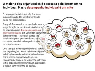 A maioria das organizações é obcecada pelo desempenho
individual. Mas o desempenho individual é um mito
O desempenho individual não é apenas
supervalorizado. Ele simplesmente não
existe nas organizações.
Por que? Porque valor, ou resultado, nunca
surge da ação de um único indivíduo, mas
da interação entre diversas pessoas, ou
através de equipes. Um vendedor apenas faz
parte da venda – as outras partes são
viabilizadas pelas pessoas do escritório,
produção, contabilidade e profissionais de
recursos humanos.
Uma vez que a interdependência faz parte
das organizações, tentar definir um objetivo
individual ou medir o desempenho de uma
única pessoa acaba levando ao erro.
Reconhecimento pelo desempenho individual
tem a capacidade de desmotivar as pessoas
e acabar com o espírito de equipe.
 