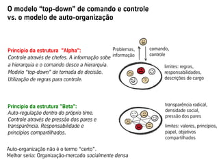 Principio da estrutura "Alpha":
Controle através de chefes. A informação sobe
a hierarquia e o comando desce a hierarquia.
Modelo “top-down” de tomada de decisão.
Utilização de regras para controle.
Princípio da estrutura "Beta":
Auto-regulação dentro do próprio time.
Controle através de pressão dos pares e
transparência. Responsabilidade e
princípios compartilhados.
O modelo “top-down” de comando e controle
vs. o modelo de auto-organização
Problemas,
informação
comando,
controle
transparência radical,
densidade social,
pressão dos pares
limites: valores, princípios,
papel, objetivos
compartilhados
limites: regras,
responsabilidades,
descrições de cargo
Auto-organização não é o termo “certo”.
Melhor seria: Organização-mercado socialmente densa
 