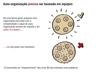 De uma forma geral, preparar uma
organização para lidar com a
complexidade e capaz de auto-
organização sempre diz respeito a dar
poder às equipes...
… não dar poder aos indivíduos
Auto-organização precisa ser baseada em equipes
O movimento do “empowerment” dos anos 90 não entendeu este problema.
 