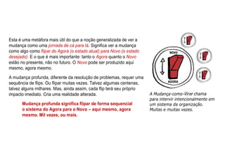 Esta é uma metáfora mais útil do que a noção generalizada de ver a
mudança como uma jornada de cá para lá. Significa ver a mudança
como algo como flipar do Agora (o estado atual) para Novo (o estado
desejado). E o que é mais importante: tanto o Agora quanto o Novo
estão no presente, não no futuro. O Novo pode ser produzido aqui
mesmo, agora mesmo.
A mudança profunda, diferente da resolução de problemas, requer uma
sequência de flips. Ou flipar muitas vezes. Talvez algumas centenas,
talvez alguns milhares. Mas, ainda assim, cada flip terá seu próprio
impacto imediato. Cria uma realidade alterada.
Mudança profunda significa flipar de forma sequencial
o sistema do Agora para o Novo – aqui mesmo, agora
mesmo. Mil vezes, ou mais.
 
