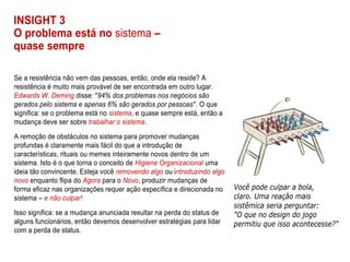 INSIGHT 3
O problema está no sistema –
quase sempre
Se a resistência não vem das pessoas, então, onde ela reside? A
resistência é muito mais provável de ser encontrada em outro lugar.
Edwards W. Deming disse: "94% dos problemas nos negócios são
gerados pelo sistema e apenas 6% são gerados por pessoas". O que
significa: se o problema está no sistema, e quase sempre está, então a
mudança deve ser sobre trabalhar o sistema.
A remoção de obstáculos no sistema para promover mudanças
profundas é claramente mais fácil do que a introdução de
características, rituais ou memes inteiramente novos dentro de um
sistema. Isto é o que torna o conceito de Higiene Organizacional uma
ideia tão convincente. Esteja você removendo algo ou introduzindo algo
novo enquanto flipa do Agora para o Novo, produzir mudanças de
forma eficaz nas organizações requer ação específica e direcionada no
sistema – e não culpar!
Isso significa: se a mudança anunciada resultar na perda do status de
alguns funcionários, então devemos desenvolver estratégias para lidar
com a perda de status.
 