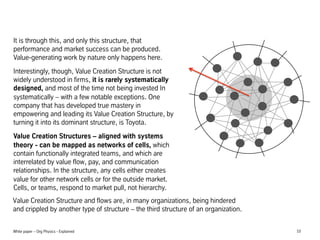 It is through this, and only this structure, that
performance and market success can be produced.
Value-generating work by nature only happens here.
Interestingly, though, Value Creation Structure is not
widely understood in firms, it is rarely systematically
designed, and most of the time not being invested In
systematically C with a few notable exceptions. One
company that has developed true mastery in
empowering and leading its Value Creation Structure, by
turning it into its dominant structure, is Toyota.
Value Creation Structures C aligned with systems
theory - can be mapped as networks of cells, which
contain functionally integrated teams, and which are
interrelated by value flow, pay, and communication
relationships. In the structure, any cells either creates
value for other network cells or for the outside market.
Cells, or teams, respond to market pull, not hierarchy.
Value Creation Structure and flows are, in many organizations, being hindered
and crippled by another type of structure C the third structure of an organization.
White paper C Org Physics - Explained

10

 