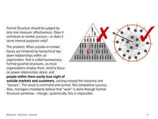 Formal Structure should be judged by
only one measure: effectiveness. Does it
contribute to market success - or does it
serve internal purposes only?

?

The problem: When outside-in market
forces are hindered by hierarchical topdown relationships within an
organization, that is called bureaucracy.
Formal pyramid structures, as most
organizations employ them, tend to focus
on power relationships alone, and
people within them easily lose sight of
outside markets and customers, serving instead the hierarchy and
bosses. The result is command and control. Not competitive success.
Also, managers mistakenly believe that work is done through Formal
Structure somehow C though, systemically, this is impossible.

White paper C Org Physics - Explained

?

12

 