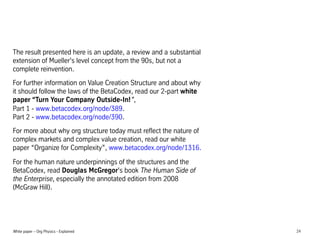 The result presented here is an update, a review and a substantial
extension of Mueller's level concept from the 90s, but not a
complete reinvention.
For further information on Value Creation Structure and about why
it should follow the laws of the BetaCodex, read our 2-part white
paper Turn Your Company Outside-In!,
Part 1 - www.betacodex.org/node/389.
Part 2 - www.betacodex.org/node/390.
For more about why org structure today must reflect the nature of
complex markets and complex value creation, read our white
paper Organize for Complexity, www.betacodex.org/node/1316.
For the human nature underpinnings of the structures and the
BetaCodex, read Douglas McGregor's book The Human Side of
the Enterprise, especially the annotated edition from 2008
(McGraw Hill).

White paper C Org Physics - Explained

24

 