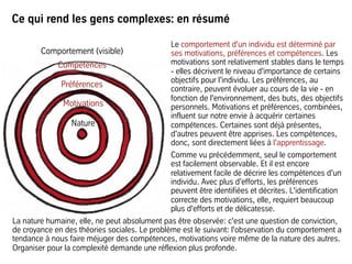 Ce qui rend les gens complexes: en résumé
Le comportement d'un individu est déterminé par
ses motivations, préférences et compétences. Les
motivations sont relativement stables dans le temps
- elles décrivent le niveau d'importance de certains
objectifs pour l'individu. Les préférences, au
contraire, peuvent évoluer au cours de la vie - en
fonction de l'environnement, des buts, des objectifs
personnels. Motivations et préférences, combinées,
influent sur notre envie à acquérir certaines
compétences. Certaines sont déjà présentes,
d'autres peuvent être apprises. Les compétences,
donc, sont directement liées à l'apprentissage.
Comme vu précédemment, seul le comportement
est facilement observable. Et il est encore
relativement facile de décrire les compétences d'un
individu. Avec plus d'efforts, les préférences
peuvent être identifiées et décrites. L'identification
correcte des motivations, elle, requiert beaucoup
plus d'efforts et de délicatesse.
Comportement (visible)
Compétences
Préférences
Motivations
Nature
La nature humaine, elle, ne peut absolument pas être observée: c'est une question de conviction,
de croyance en des théories sociales. Le problème est le suivant: l'observation du comportement a
tendance à nous faire méjuger des compétences, motivations voire même de la nature des autres.
Organiser pour la complexité demande une réflexion plus profonde.
 