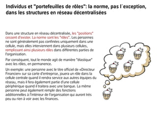 Individus et "portefeuilles de rôles": la norme, pas l´exception,
dans les structures en réseau décentralisées
Dans une structure en réseau décentralisée, les "positions"
cessent d'exister. La norme sont les "rôles". Les personnes
ne sont généralement pas confinées uniquement dans une
cellule, mais elles interviennent dans plusieurs cellules,
remplissant ainsi plusieurs rôles dans différentes parties de
l'organisation.
Par conséquent, tout le monde agit de manière "élastique"
avec les rôles, en permanence.
Un exemple: une personne avec le titre officiel de «Directeur
Financier» sur sa carte d'entreprise, jouera un rôle dans la
cellule centrale quand il rendra service aux autres équipes du
réseau, mais il fera également partie d'une cellule
périphérique quand il traitera avec une banque. La même
personne peut également remplir des fonctions
additionnelles à l'intérieur de l'organisation qui auront très
peu ou rien à voir avec les finances.
 