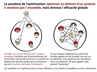 Le paradoxe de l‘optimisation: optimiser un élément d’un système
n´améliore pas l´ensemble, mais diminue l´efficacité globale
Travailler sur un seul élément d'un système
complexe n'améliore pas le fonctionnement de
l'ensemble: cela est dû au fait qu´un système ne
dépend pas tant des parties qui le composent,
que de la manière dont elles s’imbriquent.
Ce qui améliore réellement le système de
manière globale est de travailler non pas sur
les éléments, mais plutôt sur les interactions
entre ces éléments. On peut appeler cette
attitude "leadership".
Les systèmes ne s’optimisent pas sur leurs éléments, mais plutôt en travaillant sur leurs interactions
 