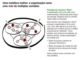 Uma metáfora melhor: a organização como
uma rede de múltiplas camadas
                                   Princípio da estrutura "Beta":
                                   A organização como uma rede viva e
                                   interconectada, direcionada pelas forças
                                   de mercado. Ninguém está no controle.
                                   Todos estão no comando.
                                   Uma maneira mais inteligente e útil de
                                   enxergar a organização é vê-la como
                                   uma rede. Não apenas isso está mais
                                   alinhado com a ciência do que o modelo
                                   mecanicista da “pirâmide”, como
                                   também mais próximo da realidade, de
                                   diversas formas, porque organizações
                                   na verdade são:
                                   •  Redes de pessoas (através de
                                      estruturas informais) e
                                   •  Redes de equipes de criação de valor
                                      (através de uma estrutura de criação
                                      de valor).
                                   Vamos analisar esses conceitos com
                                   mais detalhes.
 