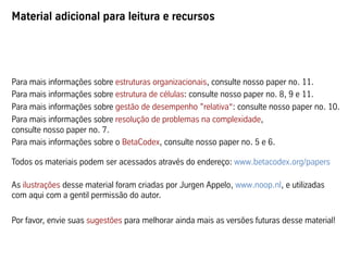 Material adicional para leitura e recursos




Para mais informações sobre estruturas organizacionais, consulte nosso paper no. 11.
Para mais informações sobre estrutura de células: consulte nosso paper no. 8, 9 e 11.
Para mais informações sobre gestão de desempenho ”relativa“: consulte nosso paper no. 10.
Para mais informações sobre resolução de problemas na complexidade,
consulte nosso paper no. 7.
Para mais informações sobre o BetaCodex, consulte nosso paper no. 5 e 6.

Todos os materiais podem ser acessados através do endereço: www.betacodex.org/papers

As ilustrações desse material foram criadas por Jurgen Appelo, www.noop.nl, e utilizadas
com aqui com a gentil permissão do autor.

Por favor, envie suas sugestões para melhorar ainda mais as versões futuras desse material!
 