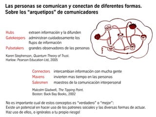 Las personas se comunican y conectan de diferentes formas.
Sobre los “arquetipos” de comunicadores
Hubs extraen información y la difunden
Gatekeepers administran cuidadosamente los
flujos de información
Pulsetakers grandes observadores de las personas
Karen Stephenson, Quantum Theory of Trust.
Harlow: Pearson Education Ltd, 2005
Connectors intercambian información con mucha gente
Mavens invierten mas tiempo en las personas
Salesmen maestros de la comunicación interpersonal
Malcolm Gladwell, The Tipping Point.
Boston: Back Bay Books, 2002
No es importante cual de estos conceptos es “verdadero” o “mejor”:
Existe un potencial en hacer uso de los patrones sociales y las diversas formas de actuar.
Haz uso de ellos, o ignóralos a tu propio riesgo!
 