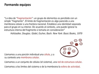 “La idea de “fragmentación”: un grupo de elementos es percibido con un
simple “fragmento”. El limite de fragmentación es algo parecido a una
membrana celular o una frontera nacional. Establece una identidad separada
para el grupo en su interior. De acuerdo al contexto, uno puede ignorar la
estructura interna del fragmento o tomarla en consideración”
Hofstadter, Douglas. Gödel, Escher, Bach. New York: Basic Books, 1979
Formando equipos
Llamamos a una porción individual una célula, y a
su contexto una membrana celular.
Llamamos a un conjunto de células (el sistema), una red de estructura celular.
Llamamos a los limites del sistema o de la membrana la esfera de actividad.
 