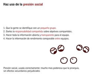 Haz uso de la presión social
1. Que la gente se identifique con un pequeño grupo.
2. Darles la responsabilidad compartida sobre objetivos compartidos.
3. Hacer toda la información abierta y transparente para el equipo.
4. Hacer la información de rendimiento comparable entre equipos.
Presión social, usada correctamente: mucho mas poderosa que la jerarquía,
sin efectos secundarios perjudiciales
 