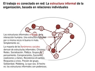 El trabajo es conectado en red: La estructura informal de la
organización, basada en relaciones individuales
Las estructuras informales emergen de la
interacción humana. Una estructura informal
por si misma no es ni buena ni mala.
Simplemente es.
La mayoría de los fenómenos sociales
derivan de estructuras informales: Chismes.
Redes. Socialización. Política. Grupos de
pensamiento. Conspiraciones. Facciones,
coaliciones y clanes. Resistencia al cambio.
Respuesta a crisis. Presión de grupo.
Solidaridad. Mobbing. Lo que sea. El hecho
es: las estructuras informales son poderosas.
 