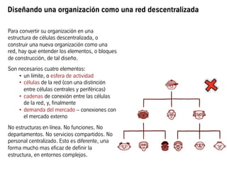 Diseñando una organización como una red descentralizada
Para convertir su organización en una
estructura de células descentralizada, o
construir una nueva organización como una
red, hay que entender los elementos, o bloques
de construcción, de tal diseño.
Son necesarios cuatro elementos:
•  un límite, o esfera de actividad
•  células de la red (con una distinción
entre células centrales y periféricas)
•  cadenas de conexión entre las células
de la red, y, finalmente
•  demanda del mercado – conexiones con
el mercado externo
No estructuras en línea. No funciones. No
departamentos. No servicios compartidos. No
personal centralizado. Esto es diferente, una
forma mucho mas eficaz de definir la
estructura, en entornos complejos.
 