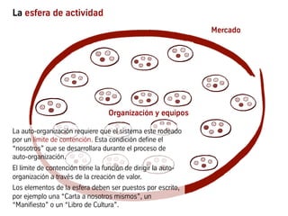 La esfera de actividad
Organización y equipos
Mercado
La auto-organización requiere que el sistema este rodeado
por un límite de contención. Esta condición define el
“nosotros” que se desarrollara durante el proceso de
auto-organización.
El límite de contención tiene la función de dirigir la auto-
organización a través de la creación de valor.
Los elementos de la esfera deben ser puestos por escrito,
por ejemplo una “Carta a nosotros mismos”, un
“Manifiesto” o un “Libro de Cultura”.
 