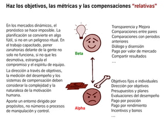 Haz los objetivos, las métricas y las compensaciones “relativas”
En los mercados dinámicos, el
pronóstico se hace imposible. La
planificación se convierte en algo
fútil, si no en un peligroso ritual. En
el trabajo capacitado, poner
zanahorias delante de la gente no
solo no funciona, si no que les
desmotiva, estrangula el
compromiso y el espíritu de equipo.
La dirección a través de objetivos,
la medición del desempeño y los
sistemas de compensación deben
considerar la complejidad y la
naturaleza de la motivación
humana.
Aporte un entorno dirigido por
propósitos, no números o procesos
de manipulación y control.
Objetivos fijos e individuales
Dirección por objetivos
Presupuestos y planes
Evaluaciones del desempeño
Pago por posición
Pago por rendimiento
Incentivos y bonos
…
Transparencia y Mejora
Comparaciones entre pares
Comparaciones con periodos
anteriores
Diálogo y disensión
Pago por valor de mercado
Compartir resultados
…
Beta
	
  
Alpha
	
  
 