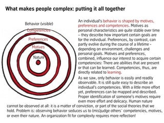 What makes people complex: putting it all together
An individual's behavior is shaped by motives,
preferences and competen...