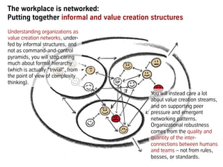 The workplace is networked:
Putting together informal and value creation structures
You will instead care a lot
about value creation streams,
and on supporting peer
pressure and emergent
networking patterns.
Organizational robustness
comes from the quality and
quantity of the inter-
connections between humans
and teams – not from rules,
bosses, or standards.
Understanding organizations as
value creation networks, under-
fed by informal structures, and
not as command-and-control
pyramids, you will stop caring
much about formal hierarchy
(which is actually “trivial”, from
the point of view of complexity
thinking).
 