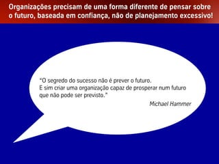 Organizações precisam de uma forma diferente de pensar sobre
o futuro, baseada em confiança, não de planejamento excessivo!




                     “O segredo do sucesso não é prever o futuro.
                     E sim criar uma organização capaz de prosperar num futuro
                     que não pode ser previsto.”
                                                                Michael Hammer




GU Weekend – Arraial D´Ajuda                  32
 