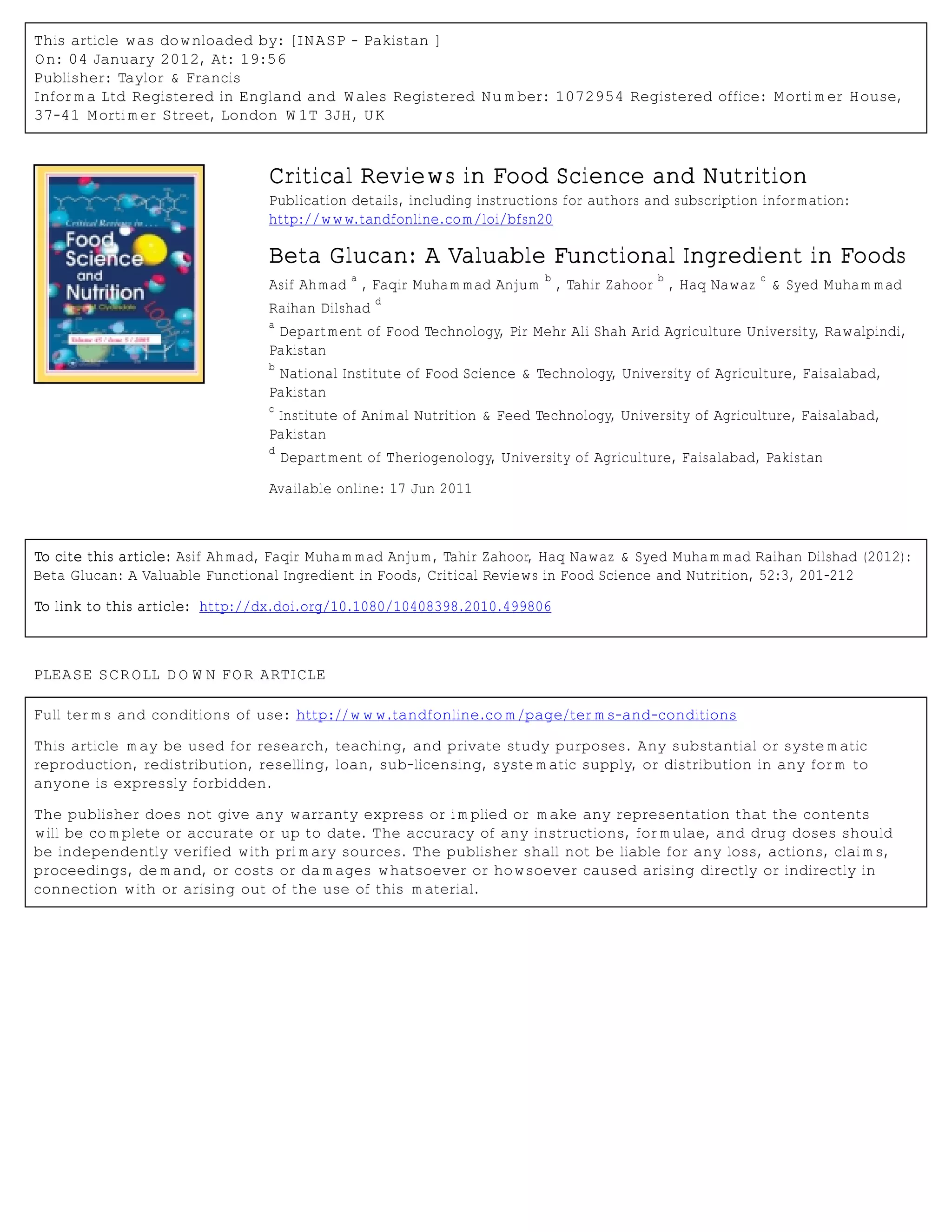 Beta glucan, A valuable Ingredient in foods | PDF
