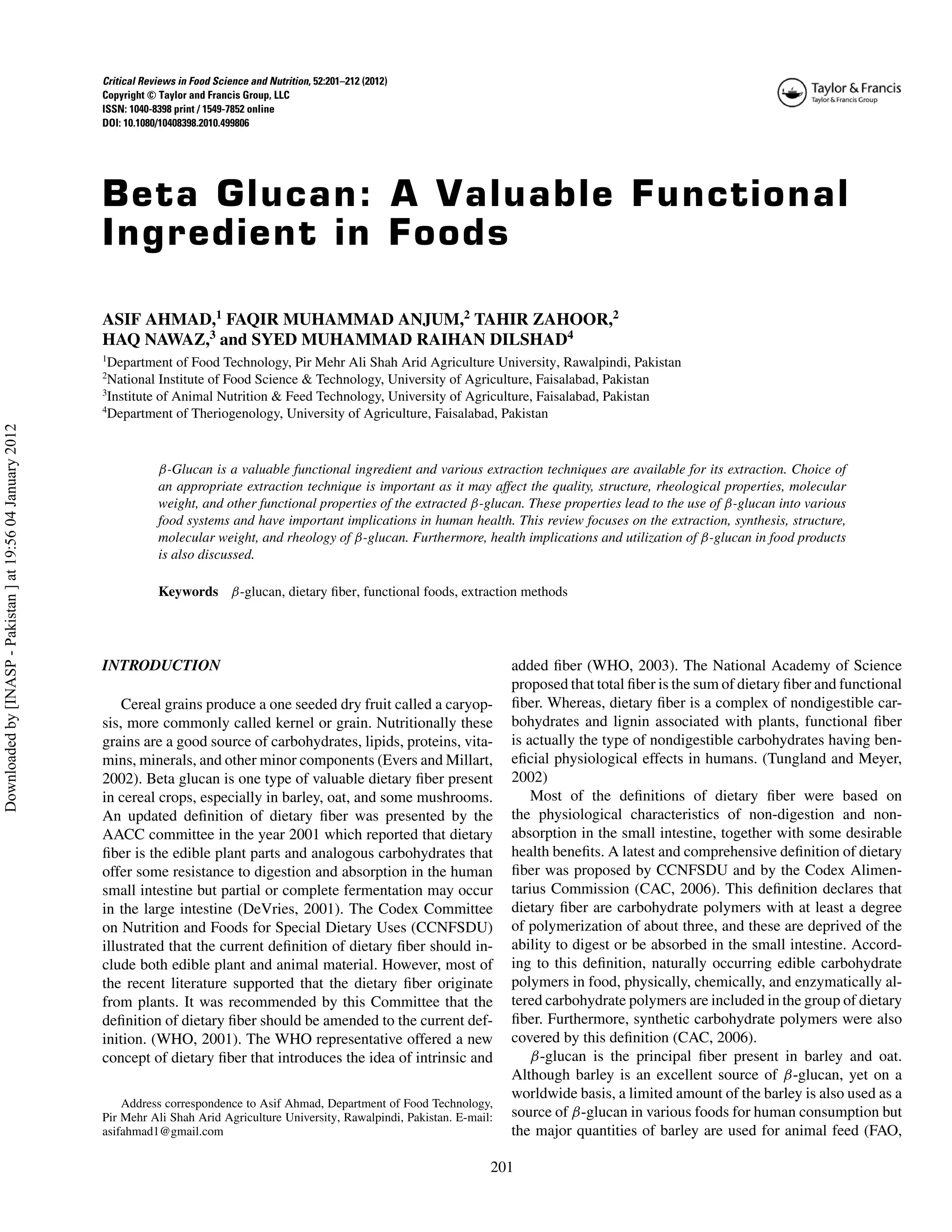 Beta glucan, A valuable Ingredient in foods | PDF