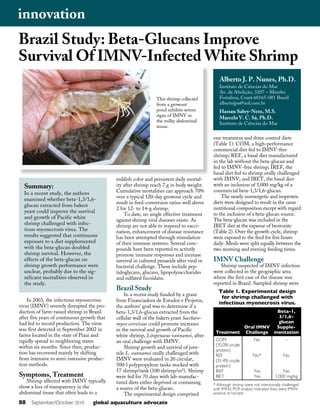 88 September/October 2010 global aquaculture advocate
In 2003, the infectious myonecrosis
virus (IMNV) severely disrupted the pro-
duction of farm-raised shrimp in Brazil
after five years of continuous growth that
had led to record production. The virus
was first detected in September 2002 in
farms located in the state of Piauí and
rapidly spread to neighboring states
within six months. Since then, produc-
tion has recovered mainly by shifting
from intensive to semi-intensive produc-
tion methods.
Symptoms, Treatment
Shrimp affected with IMNV typically
show a loss of transparency in the
abdominal tissue that often leads to a
reddish color and persistent daily mortal-
ity after shrimp reach 7 g in body weight.
Cumulative mortalities can approach 70%
over a typical 120-day growout cycle and
result in feed-conversion ratios well above
2 for 12- to 14-g shrimp.
To date, no single effective treatment
against shrimp viral diseases exists. As
shrimp are not able to respond to vacci-
nation, enhancement of disease resistance
has been attempted through stimulation
of their immune systems. Several com-
pounds have been reported to actively
promote immune responses and increase
survival in cultured penaeids after viral or
bacterial challenge. These include pep-
tidoglycans, glucans, lipopolysaccharides
and sulfated fucoidans.
Brazil Study
In a recent study funded by a grant
from Financiadora de Estudos e Projetos,
the authors’ goal was to determine if a
beta-1,3/1,6-glucan extracted from the
cellular wall of the bakers yeast Saccharo-
myces cerevisiae could promote increases
in the survival and growth of Pacific
white shrimp, Litopenaeus vannamei, after
an oral challenge with IMNV.
Shrimp growth and survival of juve-
nile L. vannamei orally challenged with
IMNV were evaluated in 20 circular,
500-l polypropylene tanks stocked with
57 shrimp/tank (100 shrimp/m²). Shrimp
were fed for 70 days with lab-manufac-
tured diets either deprived or containing
a source of the beta-glucan.
The experimental design comprised
one treatment and three control diets
(Table 1): COM, a high-performance
commercial diet fed to IMNV-free
shrimp; REF, a basal diet manufactured
in the lab without the beta-glucan and
fed to IMNV-free shrimp; IREF, the
basal diet fed to shrimp orally challenged
with IMNV; and IBET, the basal diet
with an inclusion of 1,000 mg/kg of a
commercial beta-1,3/1,6-glucan.
The nearly isoenergetic and isoproteic
diets were designed to result in the same
nutritional composition except with regard
to the inclusion of a beta-glucan source.
The beta-glucan was included in the
IBET diet at the expense of bentonite
(Table 2). Over the growth cycle, shrimp
were exposed to the feed for five hours
daily. Meals were split equally between the
two morning and evening feeding times.
IMNV Challenge
Shrimp suspected of IMNV infection
were collected in the geographic area
where the first case of the disease was
reported in Brazil. Sampled shrimp were
This shrimp collected
from a growout
pond exhibits severe
signs of IMNV in
the milky abdominal
tissue.
Brazil Study: Beta-Glucans Improve
Survival Of IMNV-Infected White Shrimp
innovation
Summary:
In a recent study, the authors
examined whether beta-1,3/1,6-
glucan extracted from bakers
yeast could improve the survival
and growth of Pacific white
shrimp challenged with infec-
tious myonecrosis virus. The
results suggested that continuous
exposure to a diet supplemented
with the beta-glucan doubled
shrimp survival. However, the
effects of the beta-glucan on
shrimp growth performance were
unclear, probably due to the sig-
nificant mortalities observed in
the study.
Alberto J. P. Nunes, Ph.D.
Instituto de Ciências do Mar
Av. da Abolição, 3207 – Mereles
Fortaleza, Ceará 60165-081 Brazil
albertojpn@uol.com.br
Hassan Sabry-Neto, M.S.
Marcelo V. C. Sá, Ph.D.
Instituto de Ciências do Mar
Treatment
Oral IMNV
Challenge
Beta-1,
3/1,6-
glucan
Supple-
mentation
COM
(35.0% crude
protein)
REF
(31.4% crude
protein)
IREF
IBET
No
No*
Yes
Yes
–
No
No
1,000 mg/kg
Table 1. Experimental design
for shrimp challenged with
infectious myonecrosis virus.
* Although shrimp were not intentionally challenged
with IMNV, PCR analysis indicated they were IMNV-
positive at harvest.
 