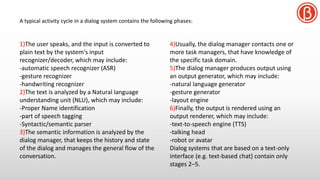 1)The user speaks, and the input is converted to
plain text by the system's input
recognizer/decoder, which may include:
-automatic speech recognizer (ASR)
-gesture recognizer
-handwriting recognizer
2)The text is analyzed by a Natural language
understanding unit (NLU), which may include:
-Proper Name identification
-part of speech tagging
-Syntactic/semantic parser
3)The semantic information is analyzed by the
dialog manager, that keeps the history and state
of the dialog and manages the general flow of the
conversation.
4)Usually, the dialog manager contacts one or
more task managers, that have knowledge of
the specific task domain.
5)The dialog manager produces output using
an output generator, which may include:
-natural language generator
-gesture generator
-layout engine
6)Finally, the output is rendered using an
output renderer, which may include:
-text-to-speech engine (TTS)
-talking head
-robot or avatar
Dialog systems that are based on a text-only
interface (e.g. text-based chat) contain only
stages 2–5.
A typical activity cycle in a dialog system contains the following phases:
 