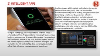 2) INTELLIGENT APPS
Intelligent apps, which include technologies like virtual
personal assistants (VPAs), have the potential to
transform the workplace by making everyday tasks easier
(prioritizing emails) and its users more effective
(highlighting important content and interactions).
However, intelligent apps are not limited to new digital
assistants – every existing software category from
security tooling to enterprise applications such as
marketing or enterprise resource planning (ERP) will be
infused with AI enabled capabilities.
Using AI, technology providers will focus on three areas —
advanced analytics, AI-powered and increasingly autonomous
business processes and AI-powered immersive, conversational
and continuous interfaces. By 2018, Gartner expects most of
the world’s largest 200 companies to exploit intelligent apps
and utilize the full toolkit of big data and analytics tools to
refine their offers and improve customer experience.
 
